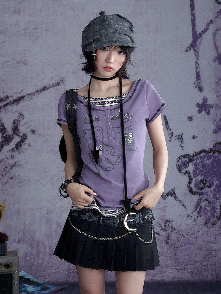 Whimsical Purple Henley Graphic Tops
