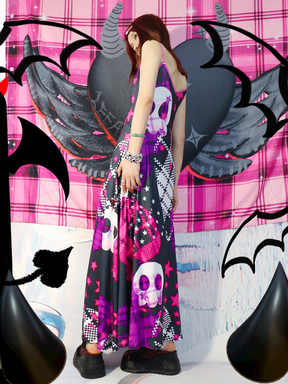 Black Pink Skull Plaid Gothic Maxi Dress