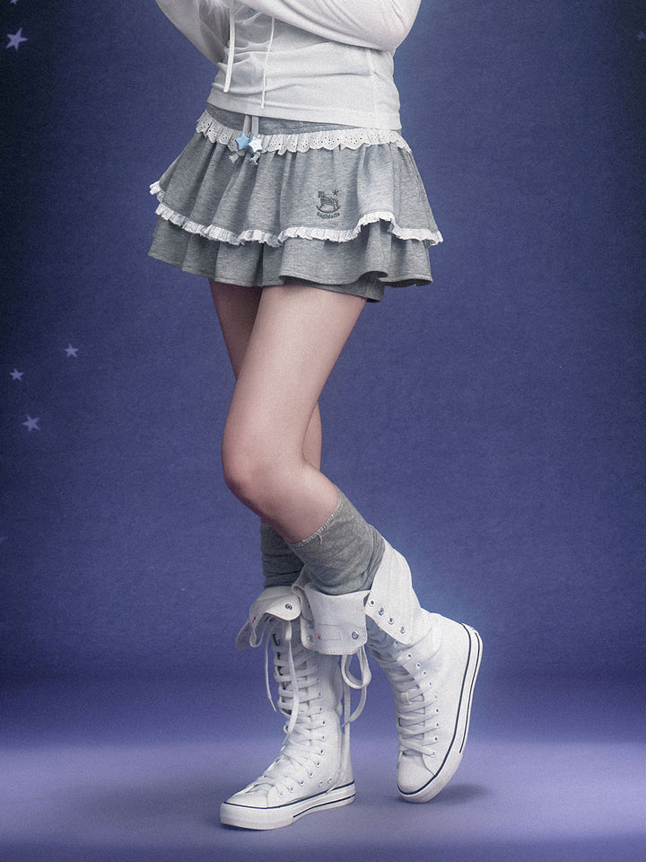 Gray Lace Trim Tiered Mini Skort