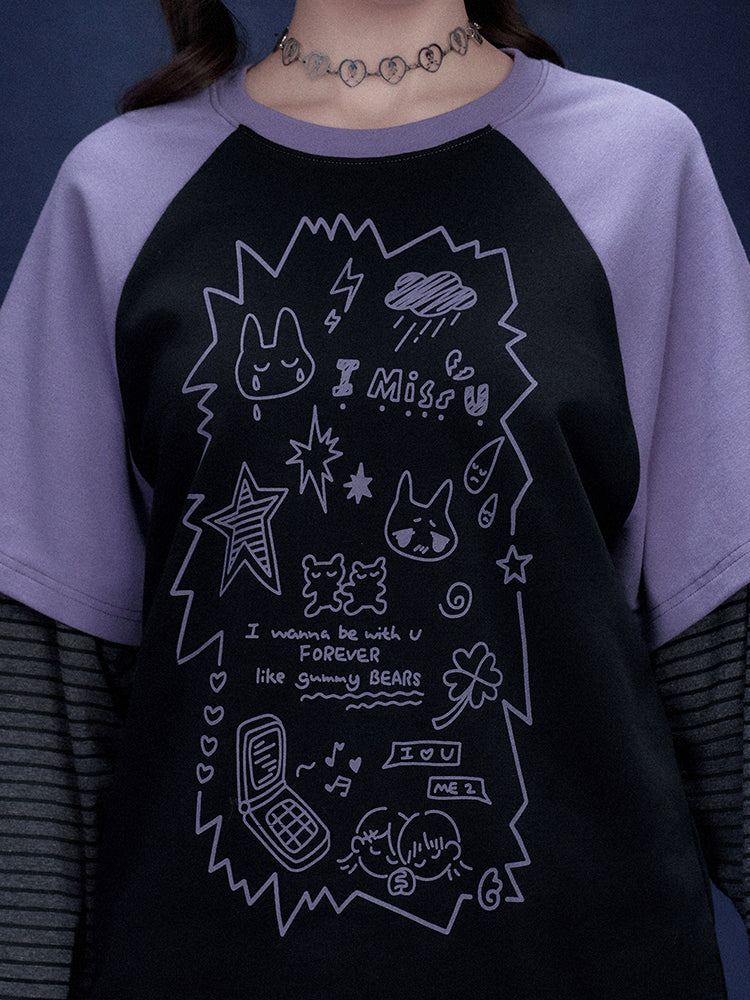 Black Purple Graffiti Print Faux Two Piece Top