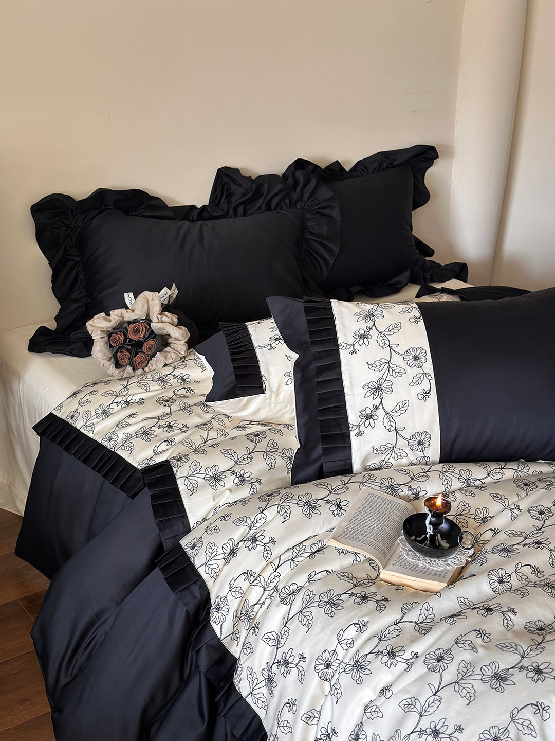 Vintage Floral Embroidery Black White Cotton Duvet Cover