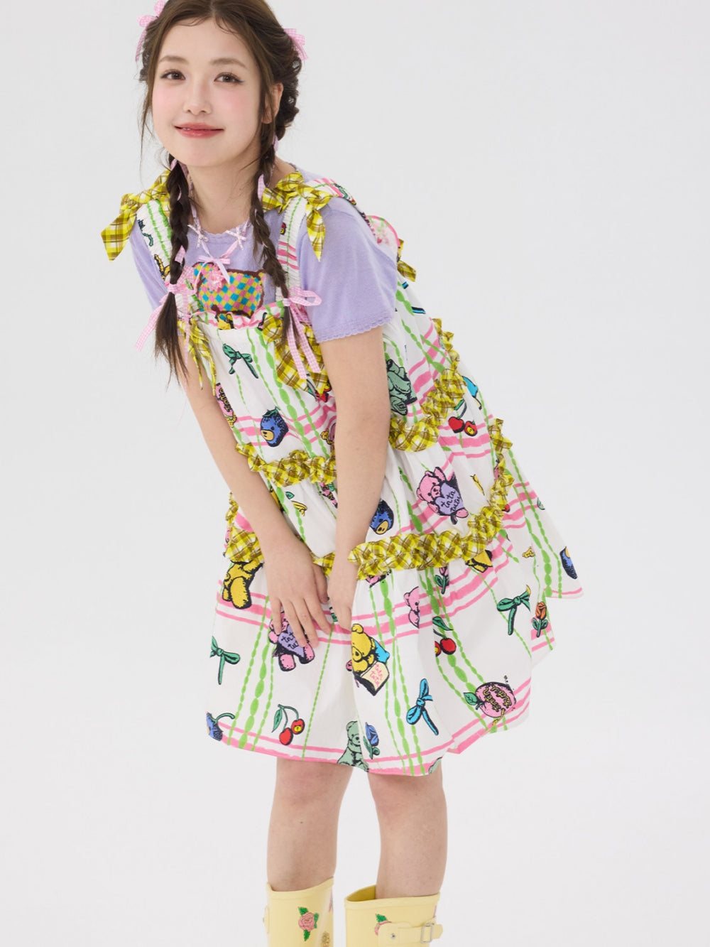 Pastel Bear Print Ruffle Bow Dress