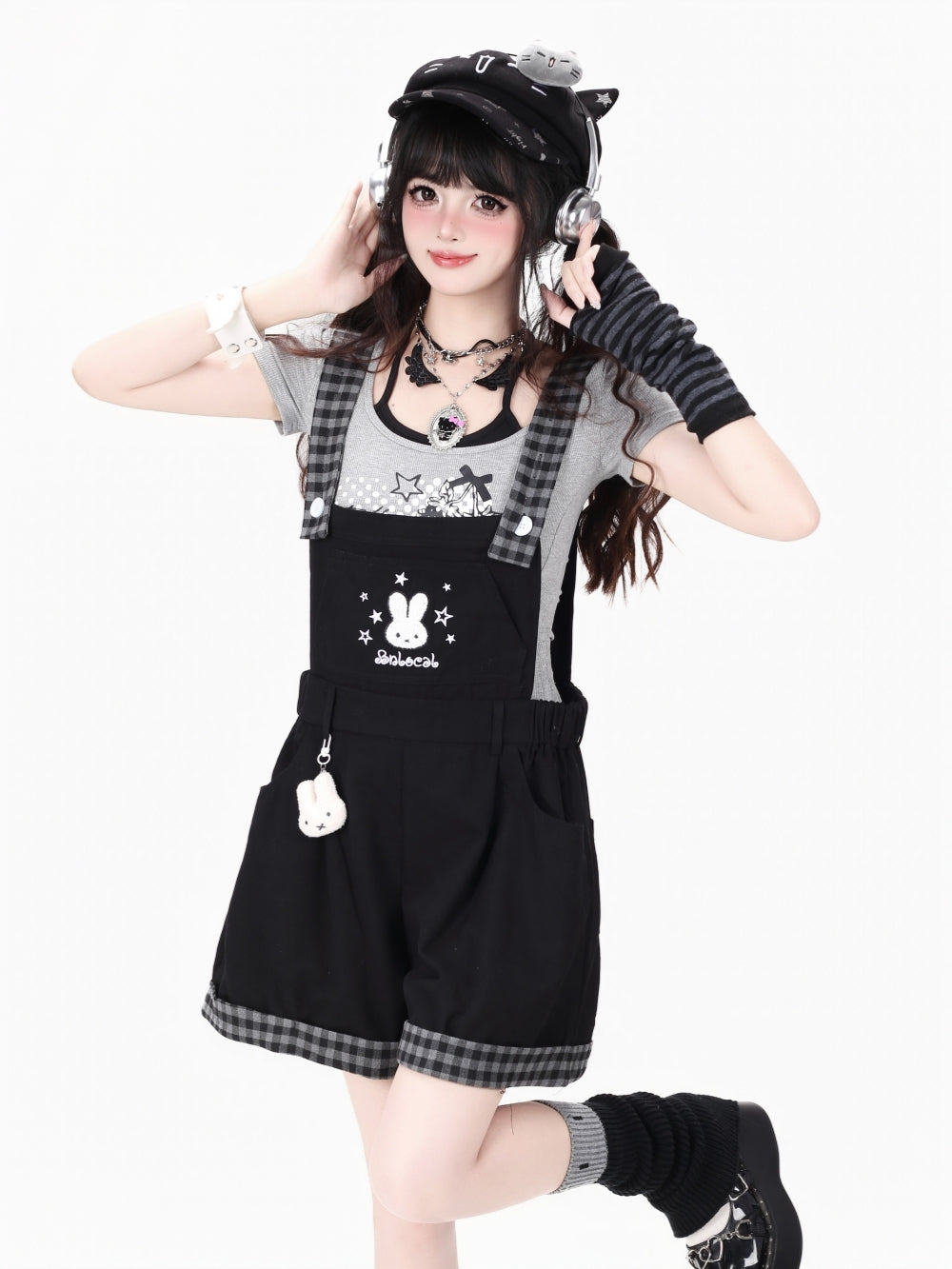 Bunny Plaid Trim Suspender Shorts