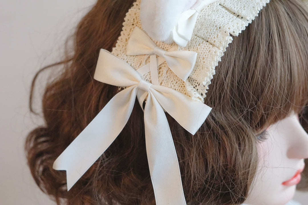 Off-White Bow Lace Bear Ear Headband