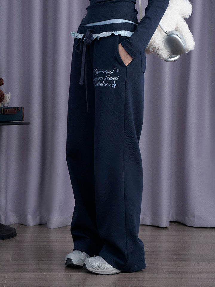 Navy Ruffle Waist Wide Leg Pants