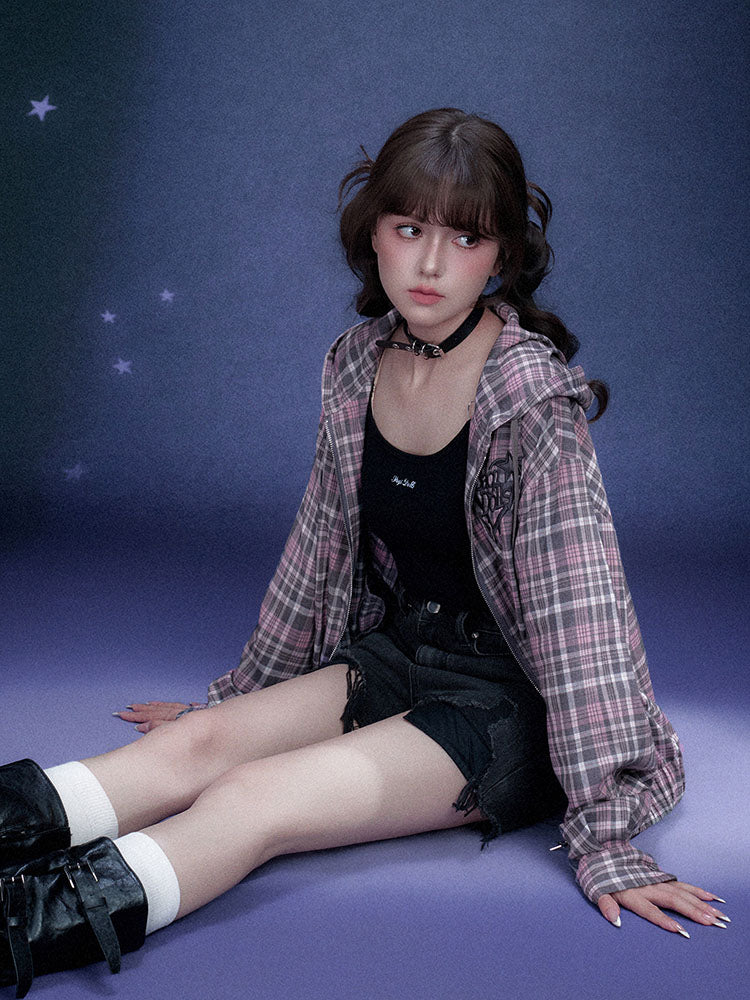 Jirai Plaid Star Zip Up Hoodie Jacket