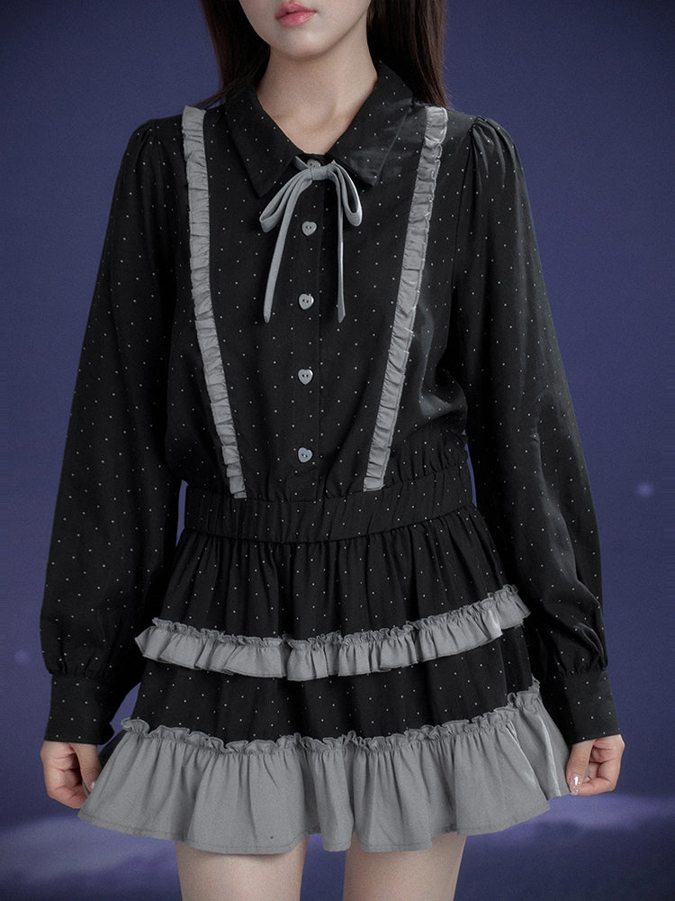Dark Gray Polka Dot Ruffle Preppy Shirt Dress