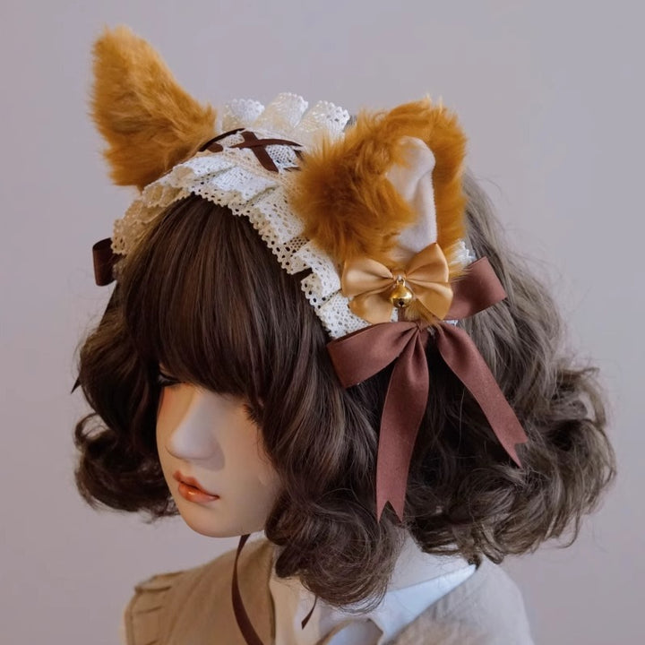 Brown Lace Ruffle Fox Headband