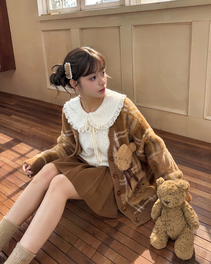 Cookie Bear Plaid Sweater Beige Shirt