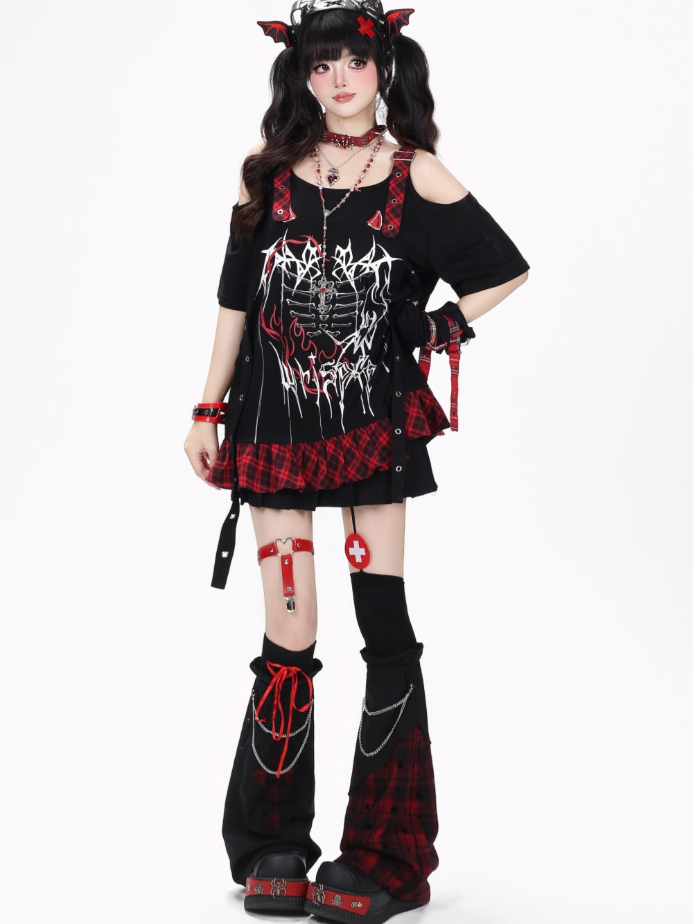 Asymmetric Plaid Cross Patch Goth Leg Warmers