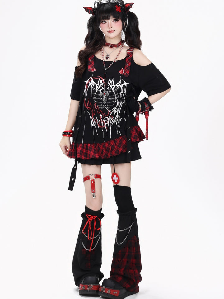 Asymmetric Plaid Cross Patch Goth Leg Warmers