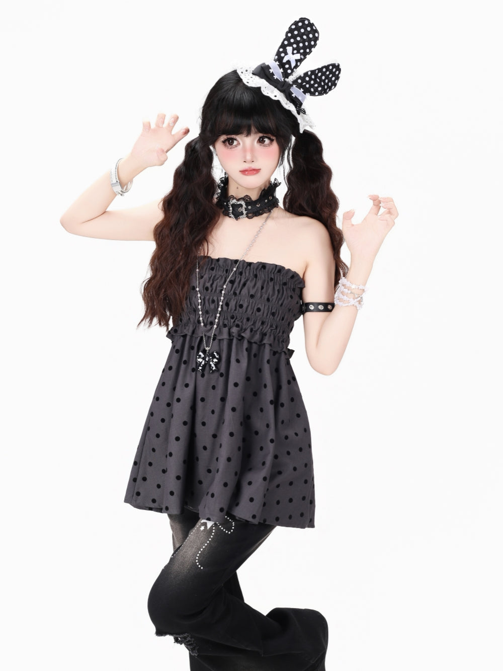 Black Polka Dot Smocked Ruffle Babydoll Top