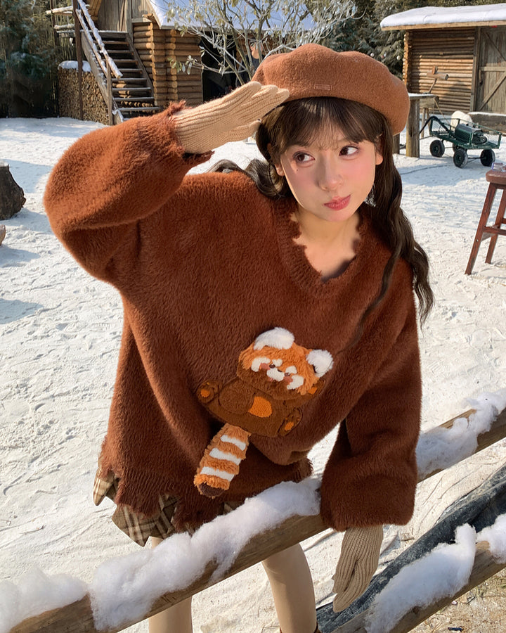 Semi-3D Red Panda Loose Casual Sweater