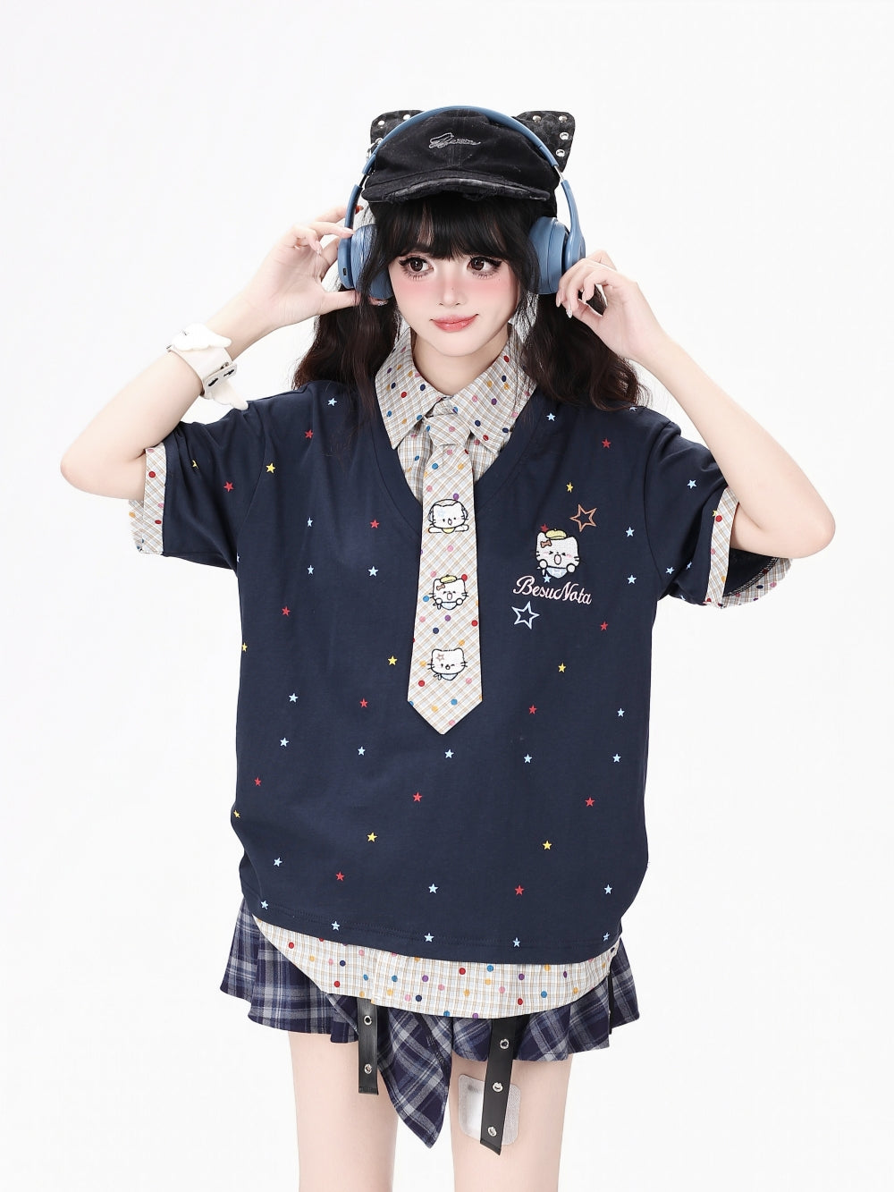 Star Print Collar Tie T Shirt