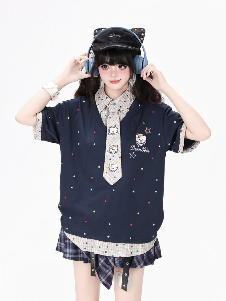Star Print Collar Tie T Shirt