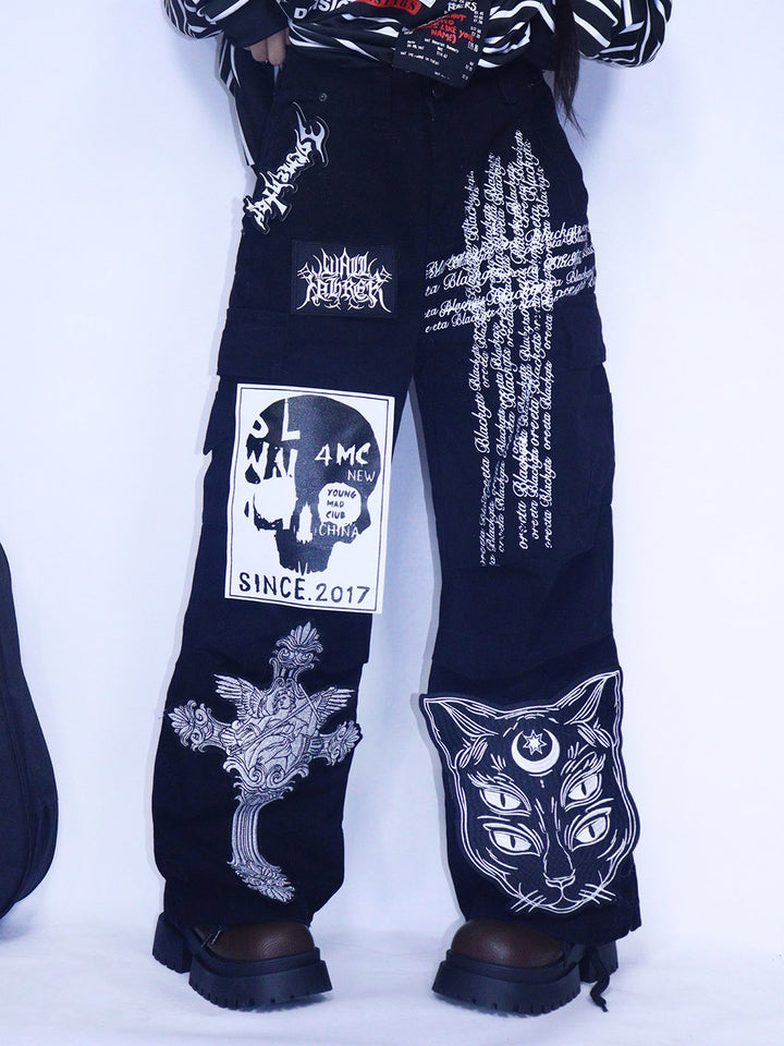Black Gothic Cat Cross Cargo Pants