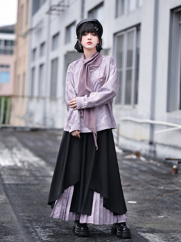 Chinese-Style Printed Asymmetrical Pleated Skirts Pants