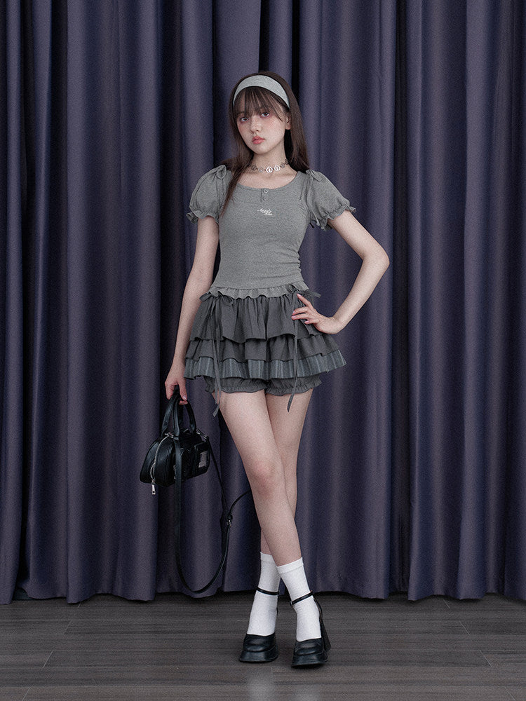 Gray Bow Tie Layered Ruffle Skort