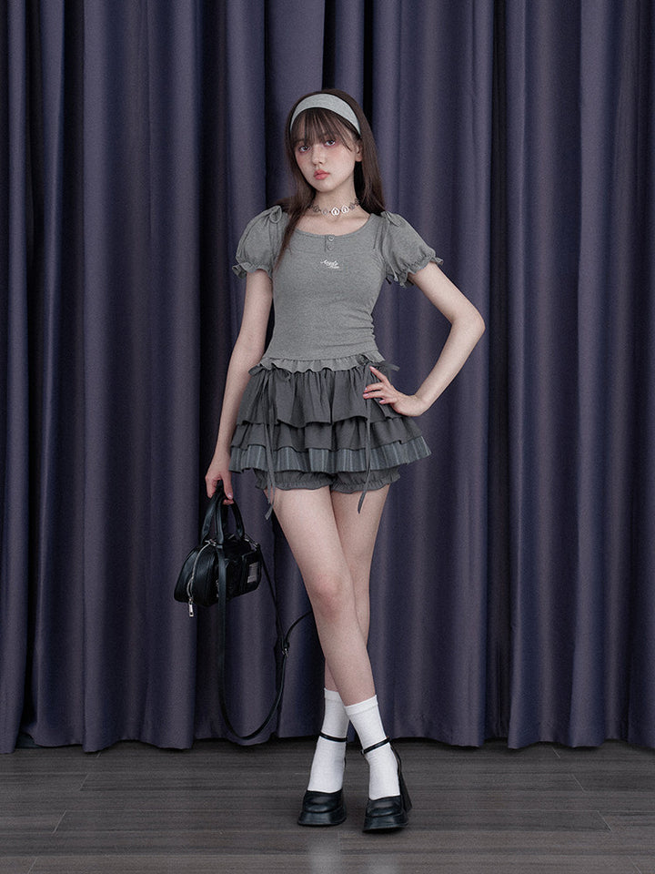 Gray Bow Tie Layered Ruffle Skort