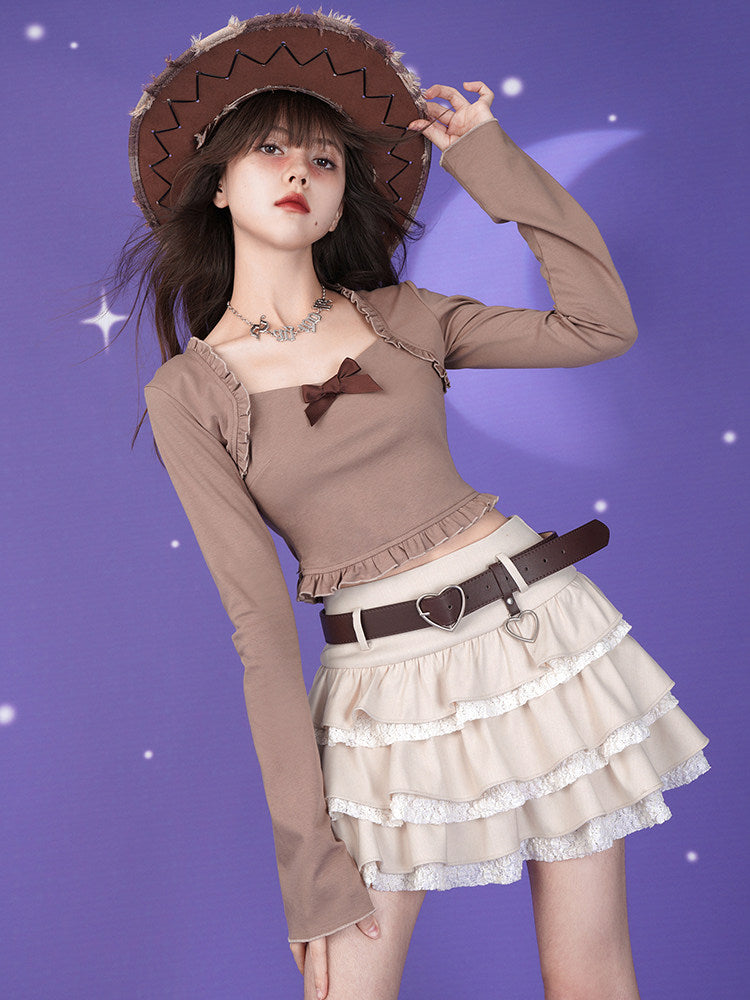 Cream Lace Trim Tiered Ruffle Mini Skirt