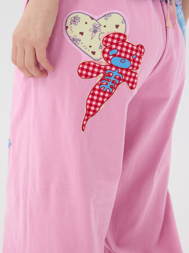 Pink Teddy Bear Patch Wide Leg Pants