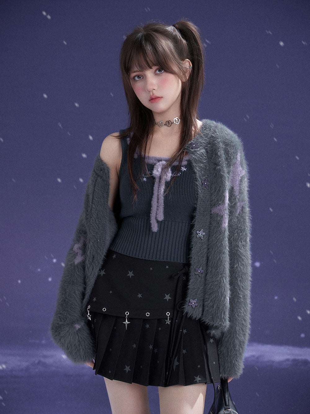 Black Star Charm Bow Pleated Mini Skirt