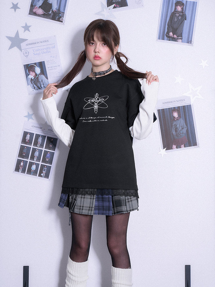 Black White Faux Two Piece Long Sleeve Casual Sweatshirt