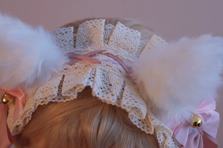 White Cat Ear Fluffy Headband with Bell and Bow