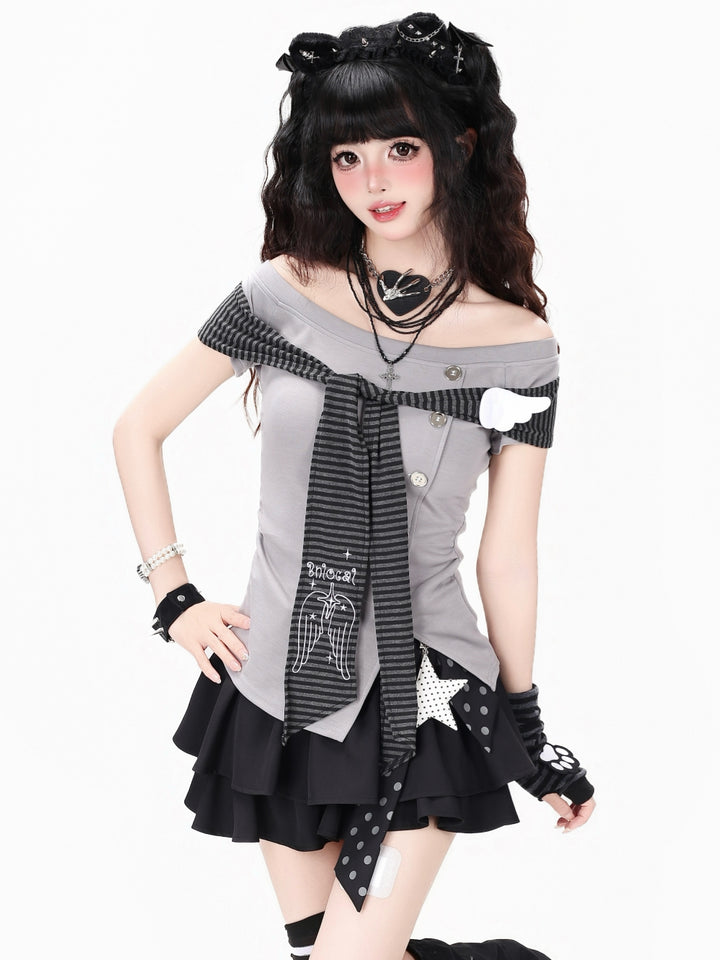 Striped Tie Off Shoulder T-Shirt