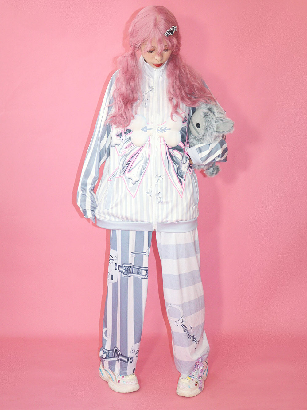 Grey Striped Bow Print Zip Jacket