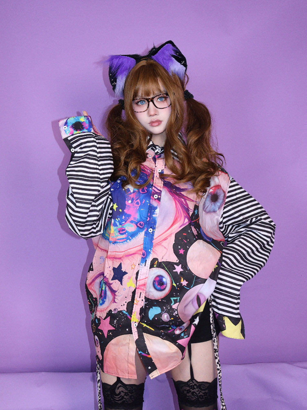 Pink Eyeball Graphic Striped Sleeve Shirt