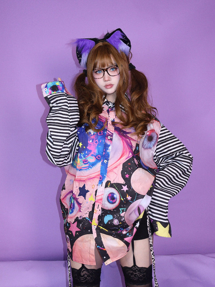 Pink Eyeball Graphic Striped Sleeve Shirt