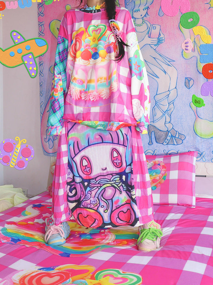 Pink Cartoon Gingham Panel Midi Skirt