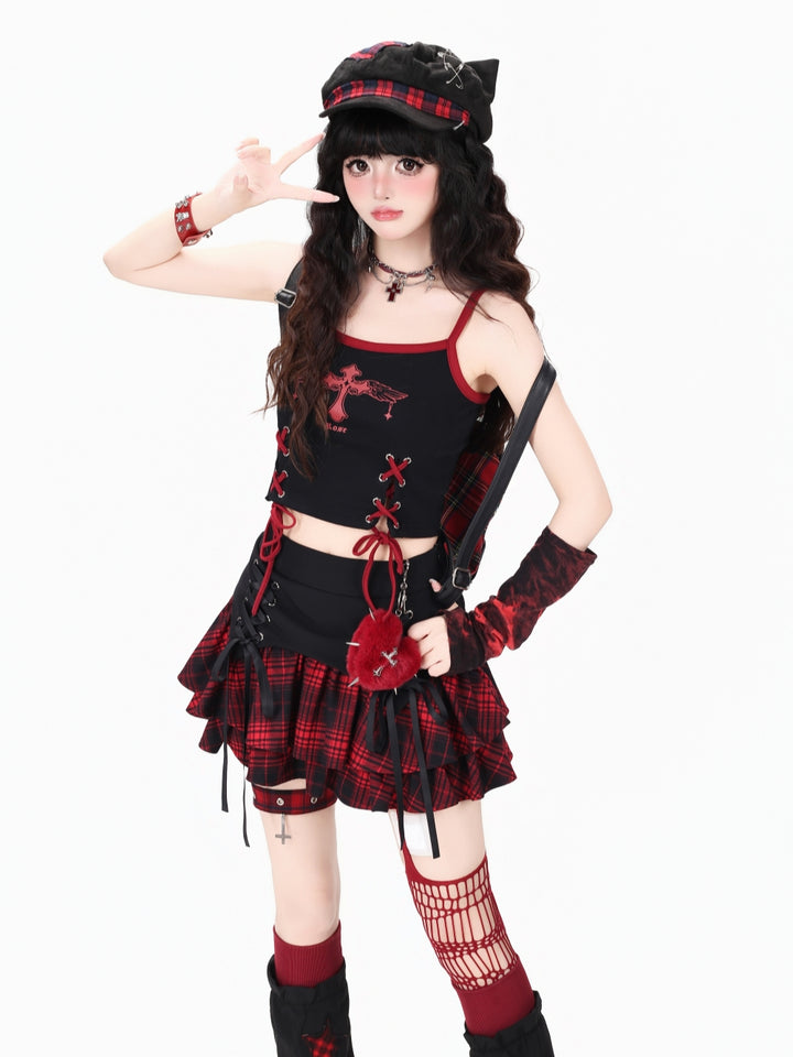 Plaid Lace Up Ruffle Mini Skirt