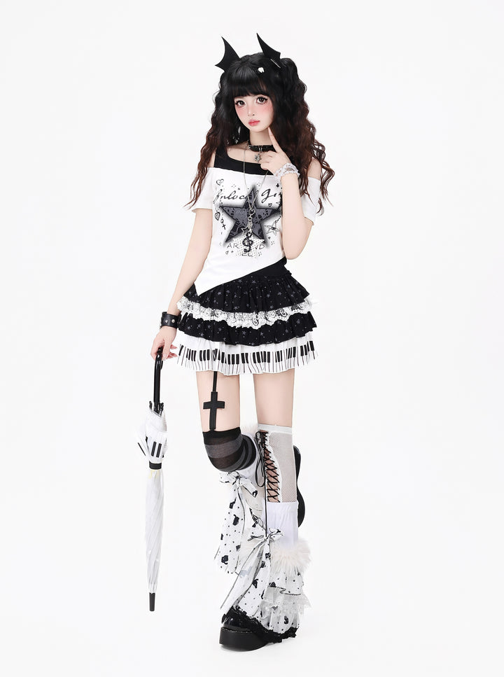 Star Graphic T-Shirt Piano Key Skirt