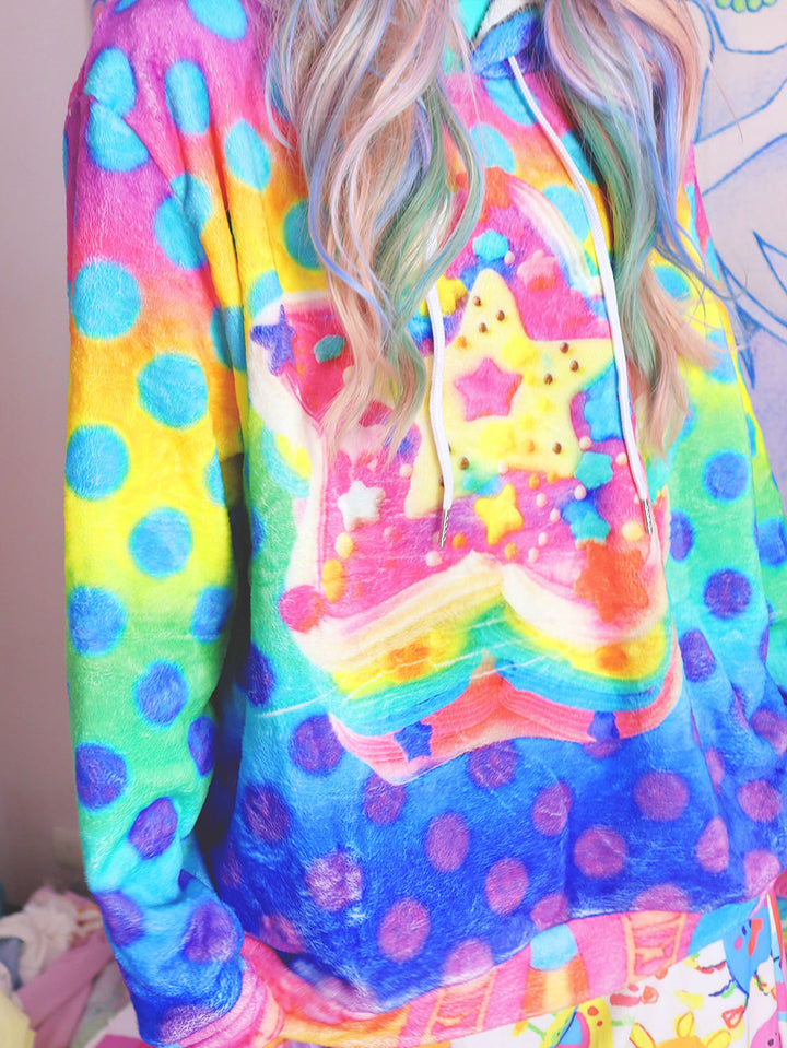 Rainbow Polka Dot Star Fuzzy Hoodie