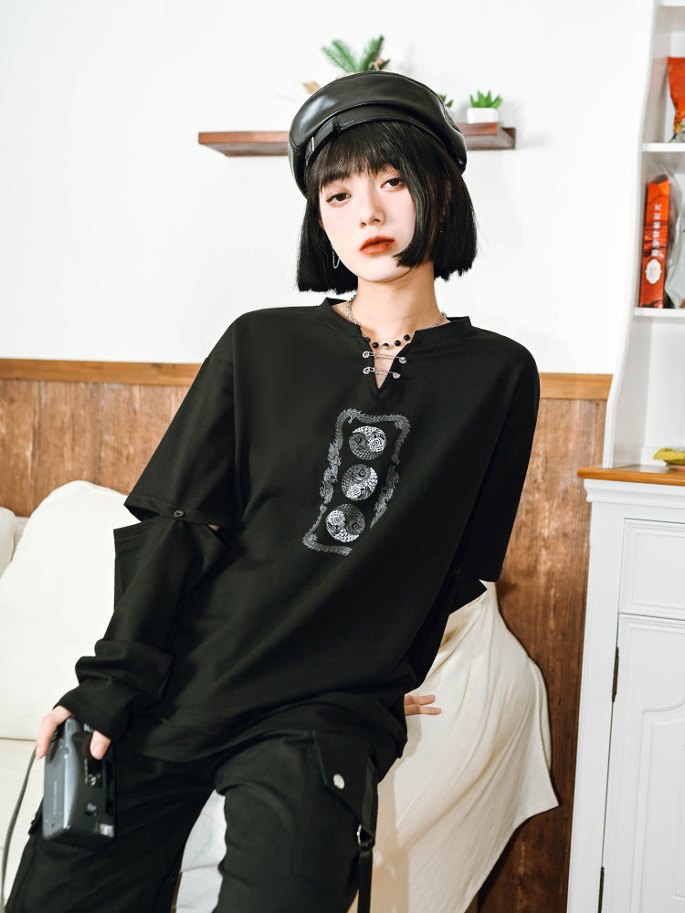 Trendy Chinese-style V-neck top with detachable long sleeves