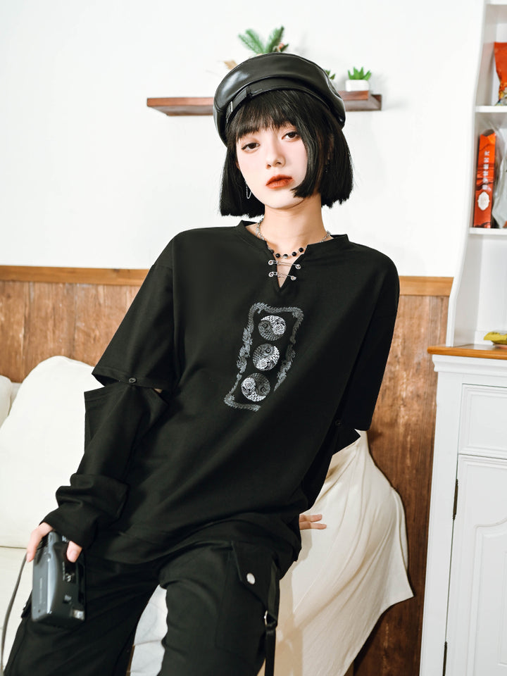 Trendy Chinese-style V-neck top with detachable long sleeves