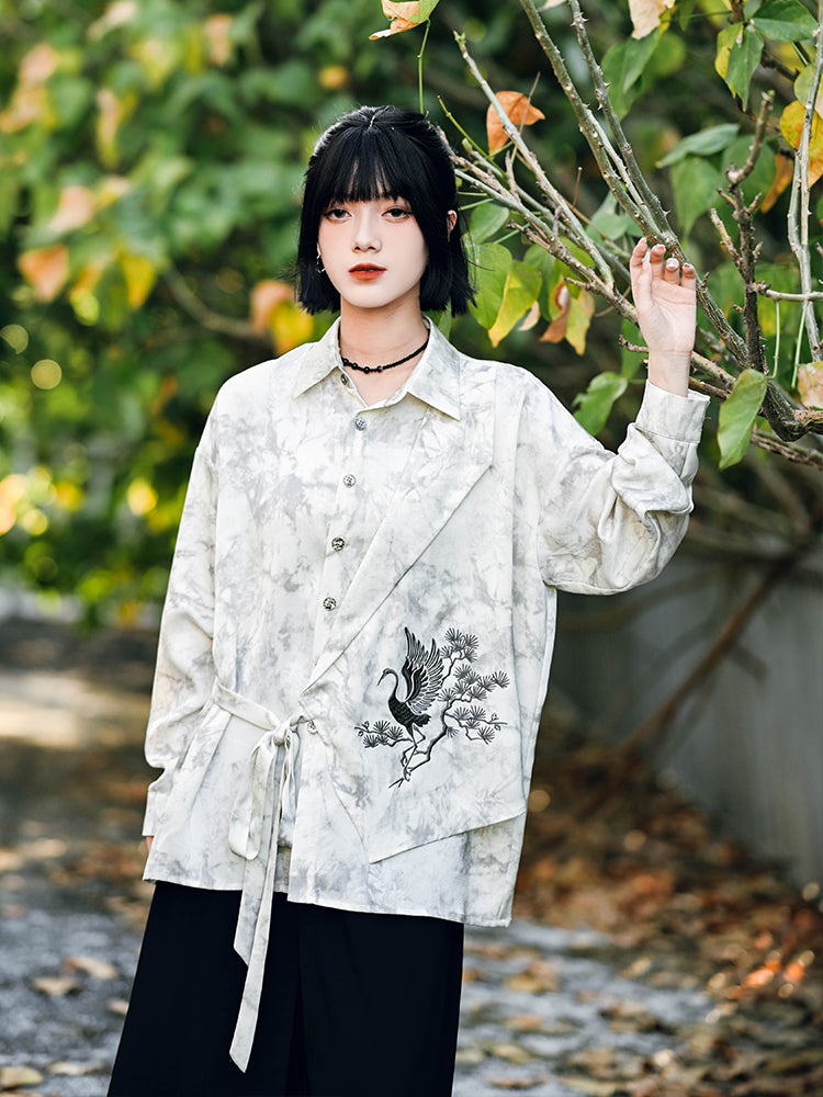 Chinese-style asymmetrical patchwork and embroidery shirt