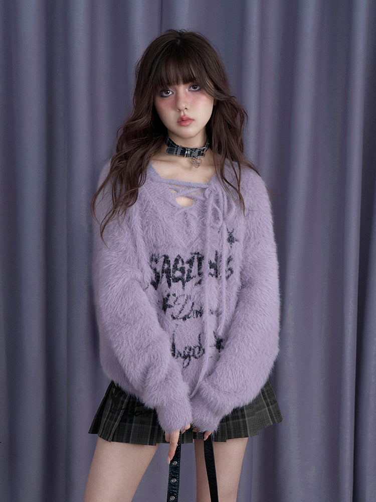 Purple V-Neck Decorative Tie Faux Mink Loose Sweater