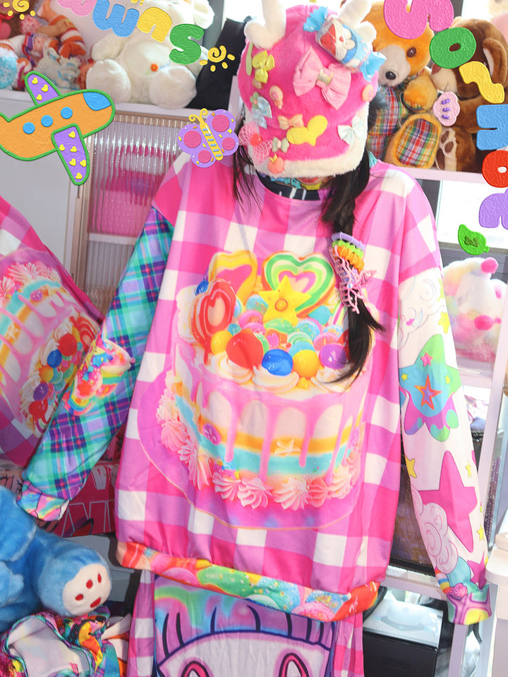 Pink Cake Graphic Patchwork Sweatshirt