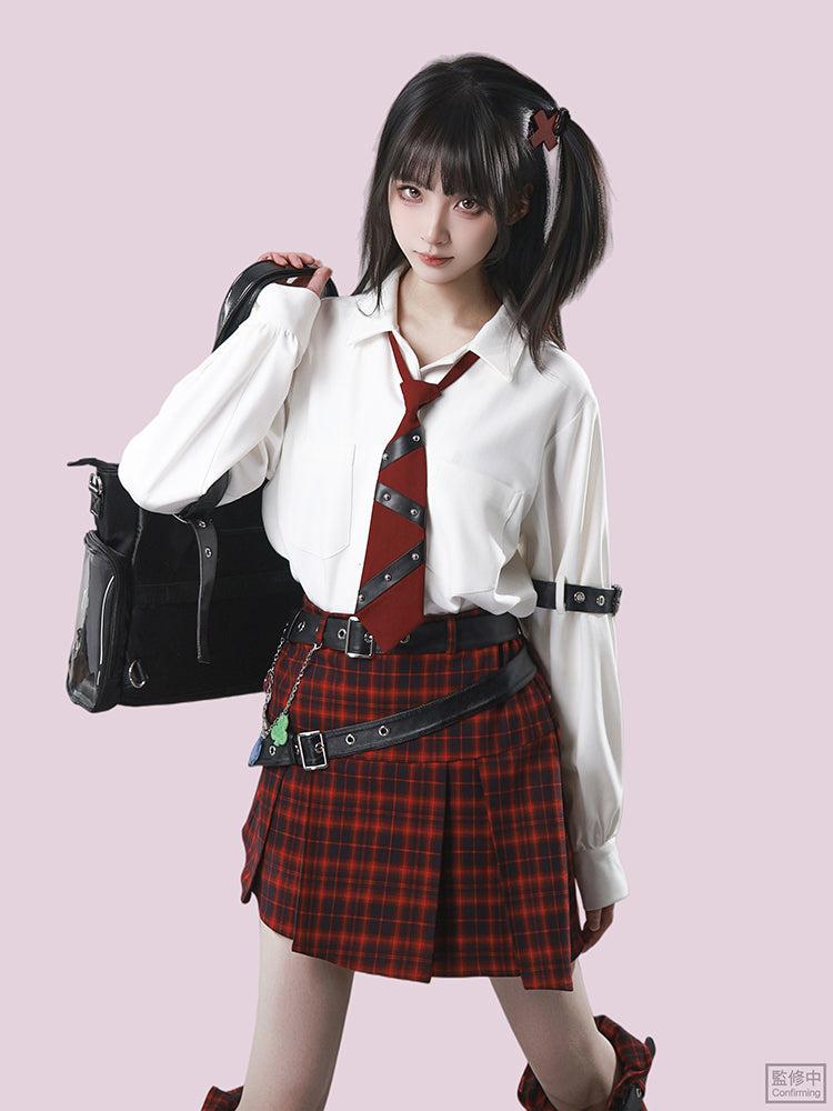 Punk Red Plaid Belted Skirt