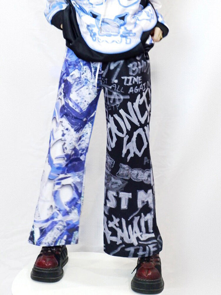 Blue Black Graffiti Wide Leg Pants