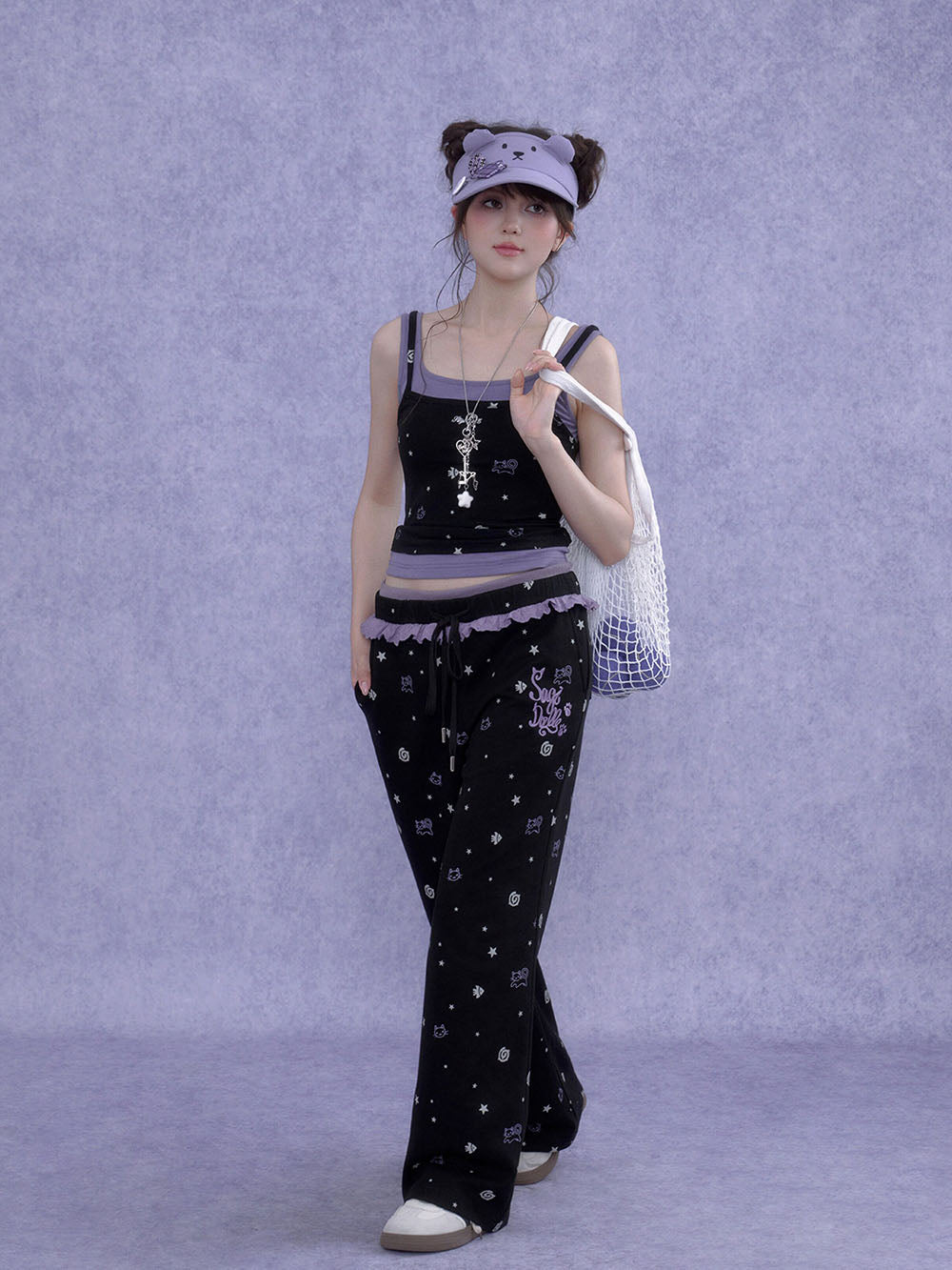 Black Cat Star Print Ruffle Wide Leg Pants