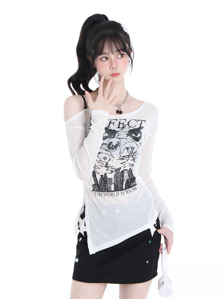 Korean Mesh Long-sleeved Thin Spring and Autumn Shoulder-baring Top