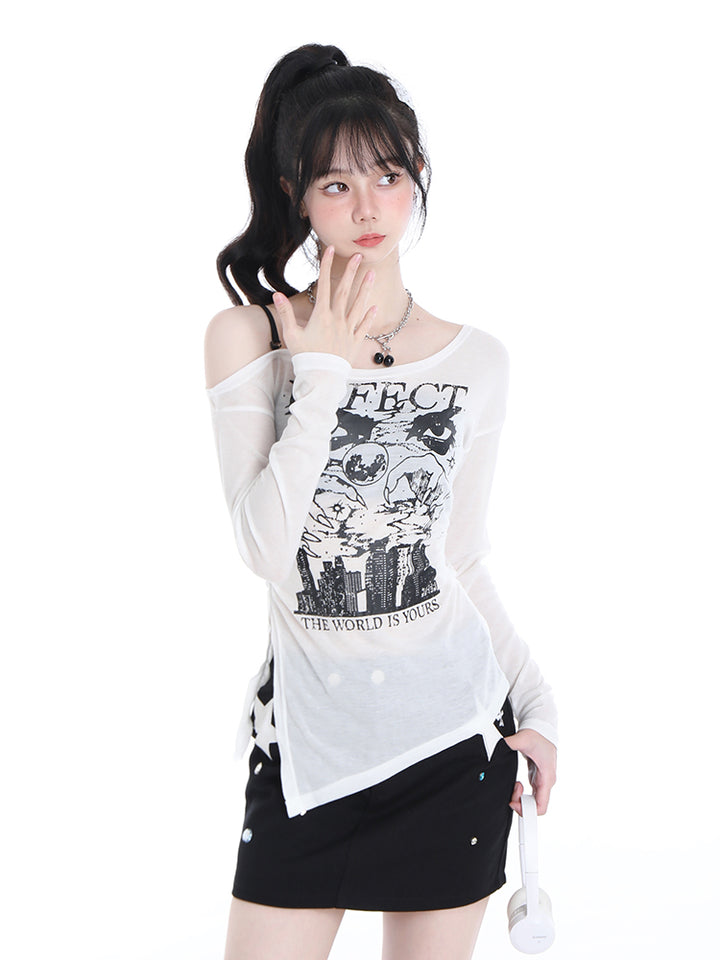 Korean Mesh Long-sleeved Thin Spring and Autumn Shoulder-baring Top