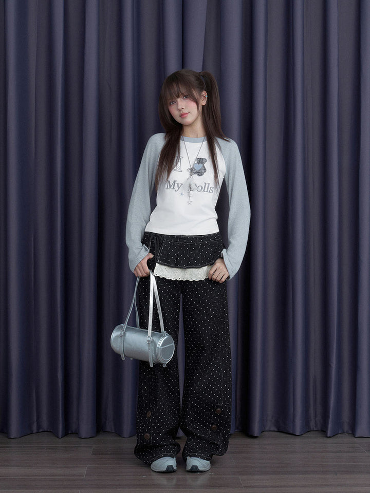 Black Polka Dot Button Detail Wide Leg Pants