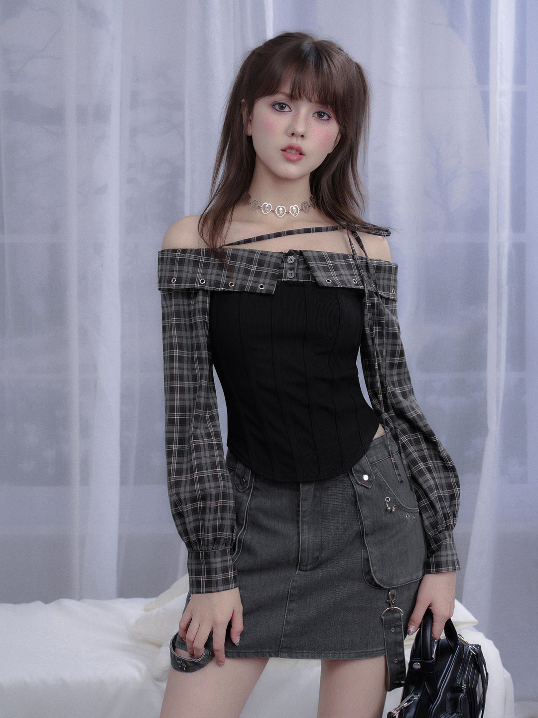 Subcul Grunge Plaid Off-Shoulder Corset Top