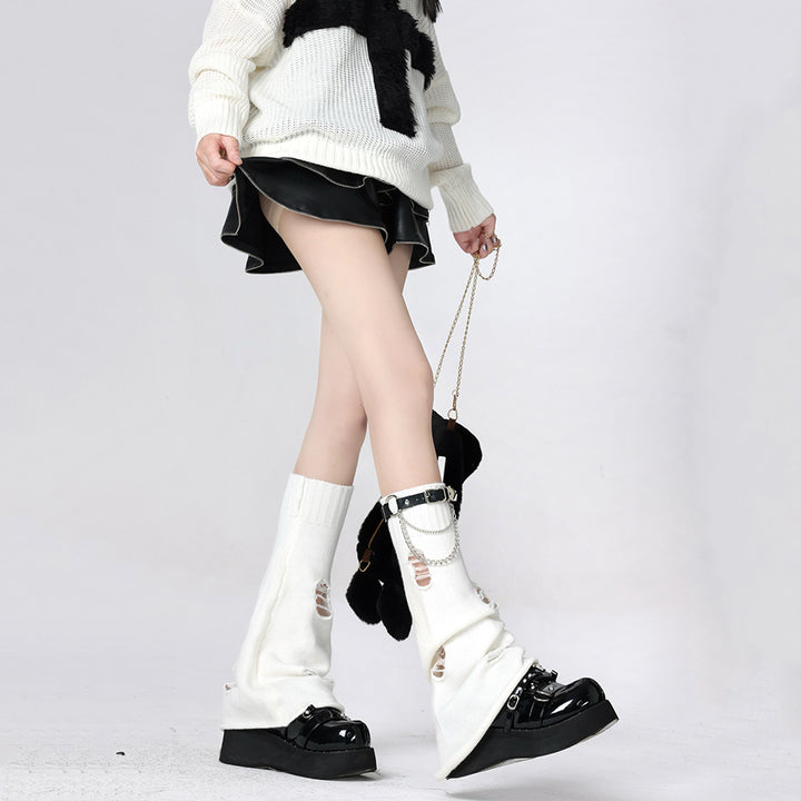 Punk Chain Leather Buckle Knit Leg Warmers