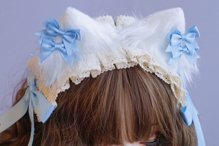 Light Blue Bow Lace Cat Ear Headband